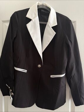 Black Blazer with White Contrast Collar and Trim